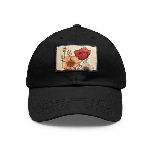 Blooming blossoms vegan cotton baseball cap in white with light brown patch.