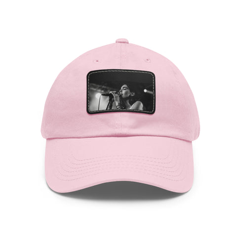 White cotton unisex rectangle hat with light brown patch from Dua Lipa.