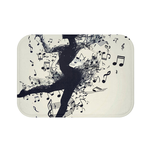 Dance-themed bath mat with dancer silhouette and musical notes design.