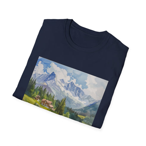 Watercolor Swiss Alps t-shirt in charcoal cotton with a serene mountain graphic