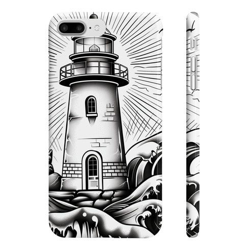 Hand-drawn lighthouse phone case inspired by coastal charm.