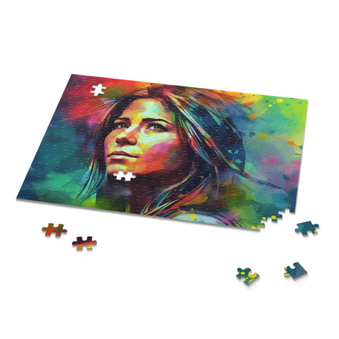 Jennifer Aniston neon watercolor puzzle - vibrant 10x8, 120 pieces.