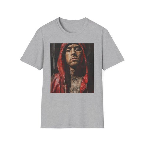 Charcoal cotton crew neck T-shirt with vibrant Eminem portrait painting design