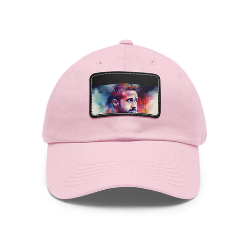 White cotton baseball hat with watercolor neon patch, unisex vegan style.