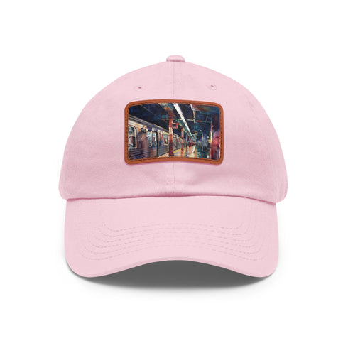 Watercolor NYC Subway Sunset Baseball Cap - White/Light Brown Rectangle Shape