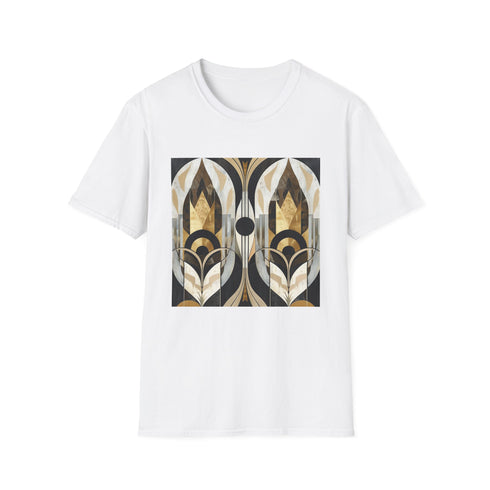 Charcoal cotton T-shirt with vibrant geometric art deco pattern perfect for summer