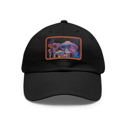 Psychedelic mushroom print trucker hat in white/light brown, rectangular shape.
