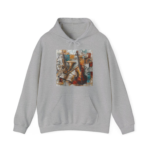 Soulful Sounds navy hoodie with musical notes and nature imagery.