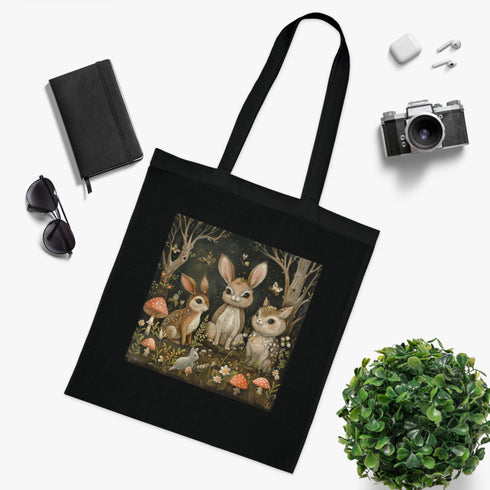 Enchanted Forest Tote Bag - Woodland Creatures Cotton Black Tote