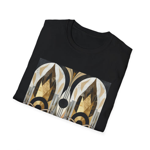 Charcoal geometric-patterned T-shirt with art deco abstract design
