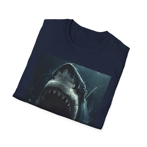 Charcoal t-shirt featuring bold Jaws painting with cotton crew neck style