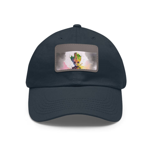 Neon watercolor Baby Groot baseball cap with light brown patch.