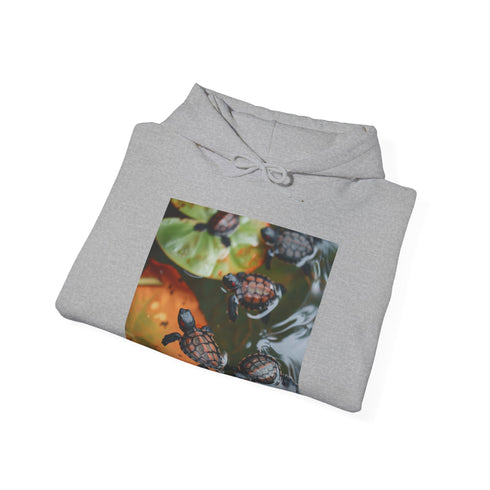 Swimming baby turtles navy hoodie, regular fit, unisex, high-quality fabric.