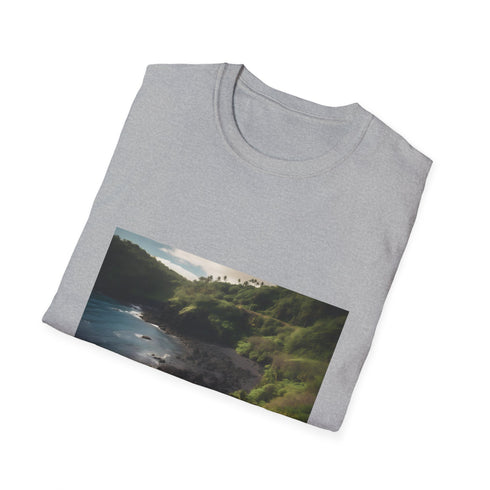 Charcoal cotton crew neck T-shirt with nature landscape print