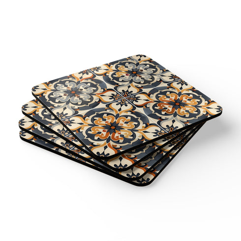 Artisan tiles corkwood coasters in square shape with seamless pattern.