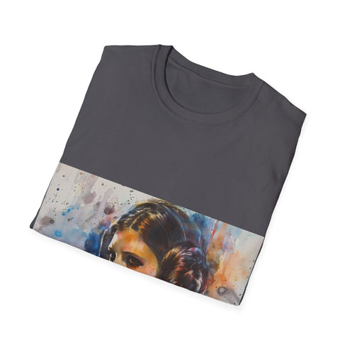 Charcoal crew neck cotton tee featuring Princess Leia watercolor design