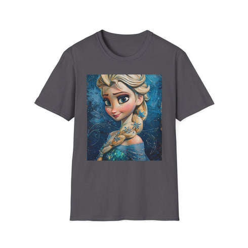 Charcoal crew neck cotton T-shirt with vibrant Elsa Disney princess painting