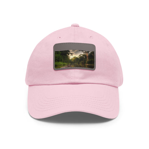White Amazon Adventure Baseball Cap with unique rectangle patch design, unisex.