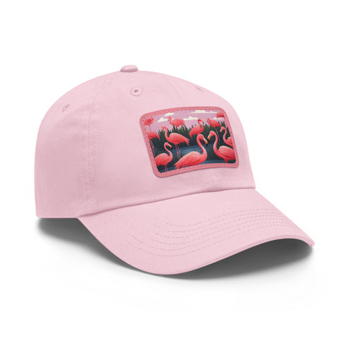 Flamboyant flamingo print white baseball cap with light brown patch.
