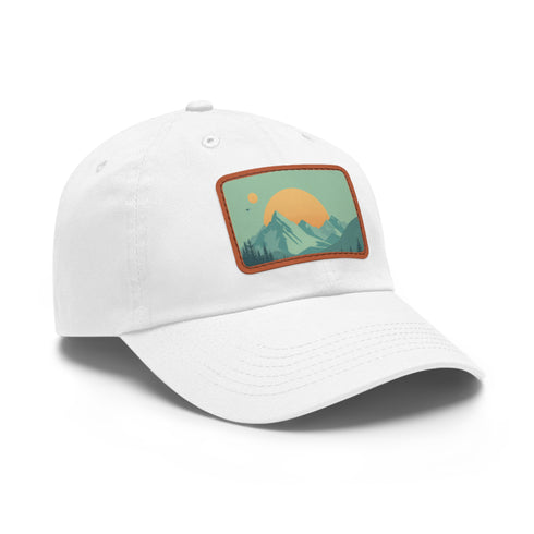 Minimalist white baseball cap with light brown mountain landscape patch.