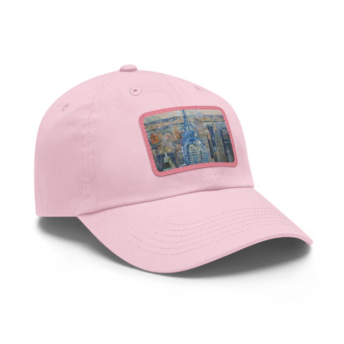 Chrysler Cityscape Watercolor Baseball Cap in White with Light Brown Patch.