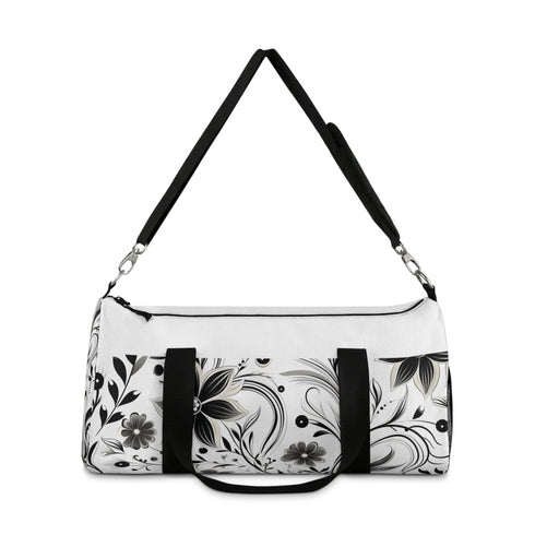 Black and white curved duffel bag with modern bezier design.