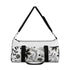 Black and white curved duffel bag with modern bezier design.