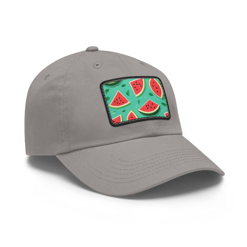 Watermelon Hawaiian print baseball cap with rectangle light brown patch.