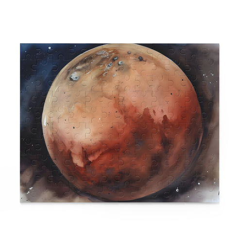 Mars watercolor jigsaw puzzle featuring vibrant red planet landscapes.