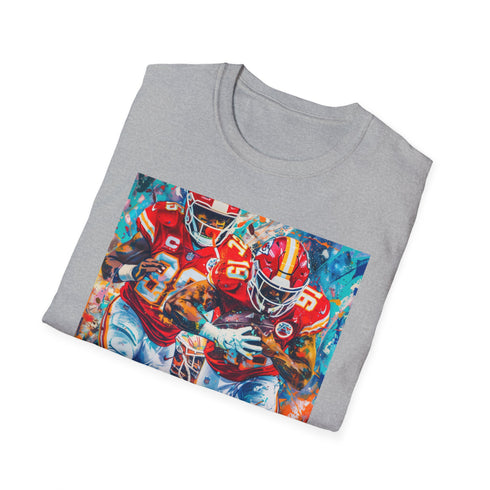 Charcoal crew neck T-shirt featuring vibrant Chiefs victory painting