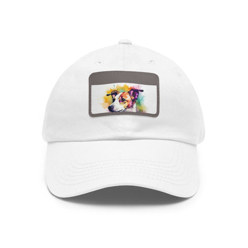 Adorable Jack Russell baseball cap in white with light brown patch.