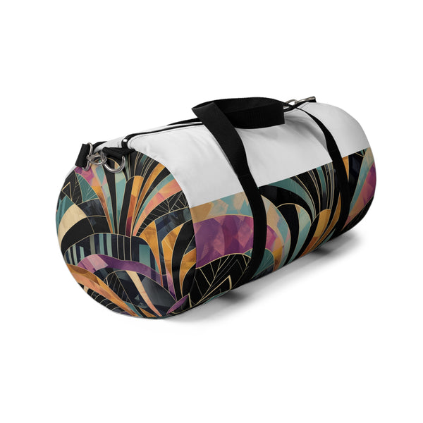 Abstract art deco duffel bag with vibrant, unique geometric patterns.