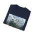 Mystical fantasy castle t-shirt in charcoal, size S unisex fit.