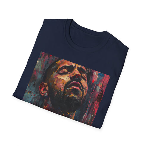 Charcoal crew neck T-shirt with vibrant Drake painting and soft cotton feel