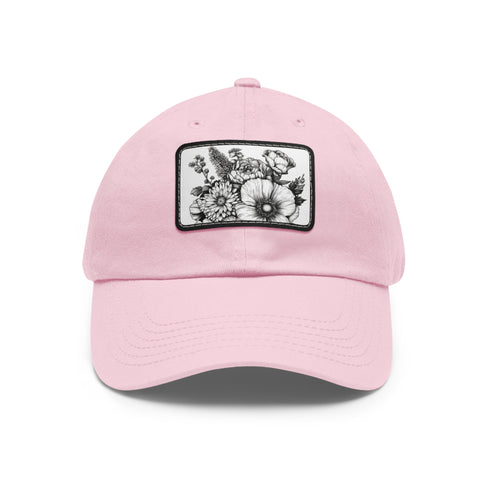 Colorful blossom burst baseball cap with hand-drawn flowers, white rectangle patch.