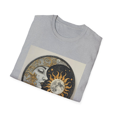 Charcoal cotton t-shirt with mandala sun and moon astral design