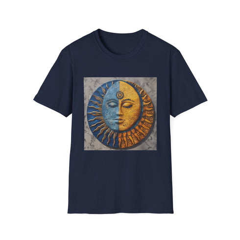 Charcoal cotton t-shirt with intricate sun and moon mandala design