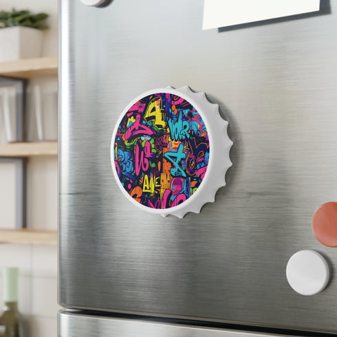 Neon graffiti bottle opener with vibrant urban chic pattern.