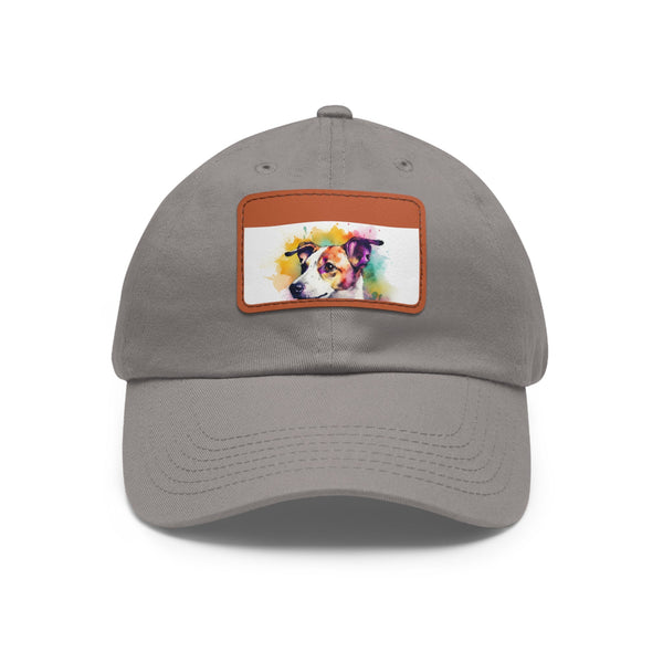 Adorable Jack Russell baseball cap, white with light brown patch.
