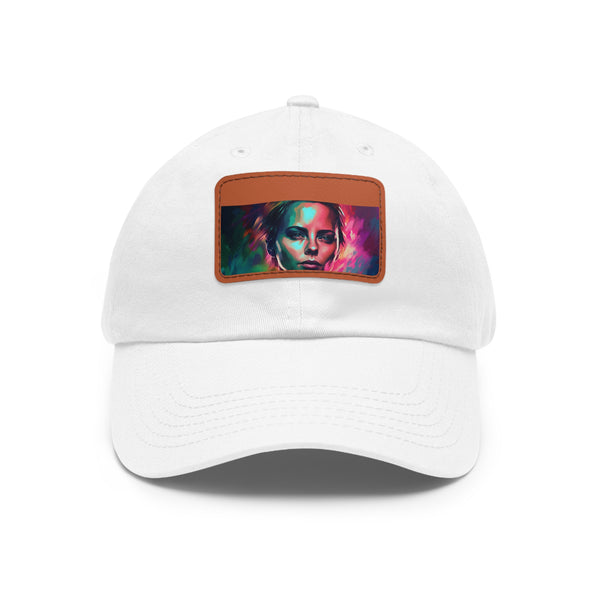 Neon watercolor charm hat with Charlize Theron design on light brown patch.