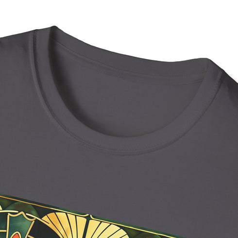 Charcoal cotton t-shirt with abstract art deco patterns and crew neck