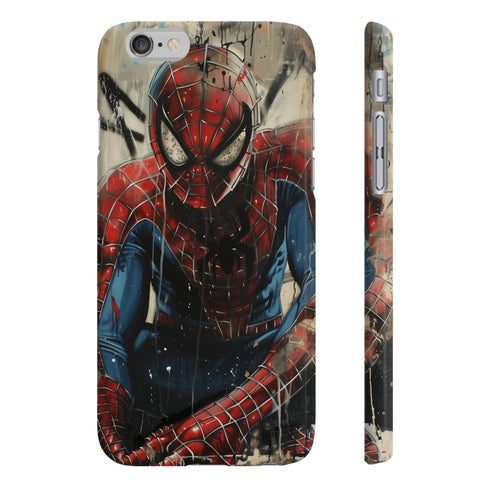 Glossy superhero phone case with bold webslinger design for iPhone.