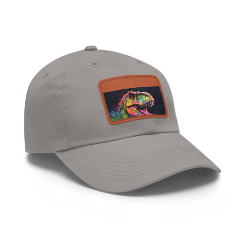 Watercolor neon Trex baseball hat with light brown patch.
