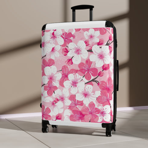 Cherry Blossom Small Black Suitcase: Chic Travel Accessory with Pink & White Pattern