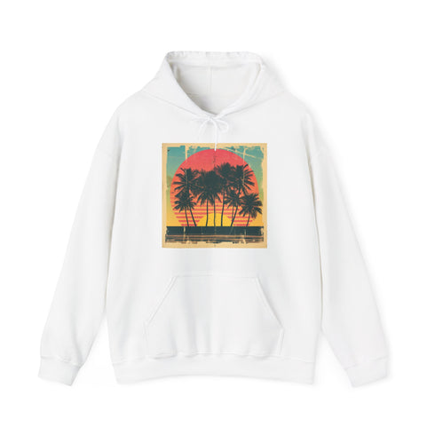 Tropical paradise sunset hoodie in navy with retro design.