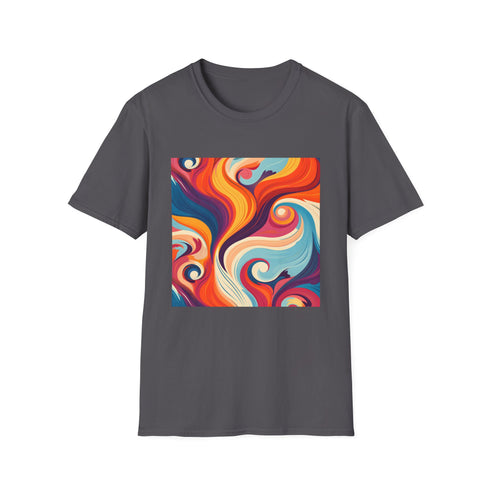 Charcoal cotton tee with psychedelic 70s vibes for regular fit.