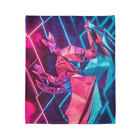 Origami Dragon over a Neon Grid Plush Fleece Throw Blanket