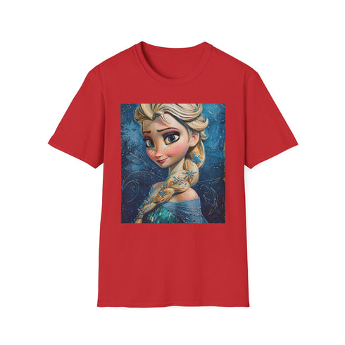 Charcoal T-shirt featuring vibrant Elsa painting capturing icy magic and strength