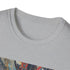 Charcoal cotton t-shirt with vibrant bohemian feather pattern evocative of freedom