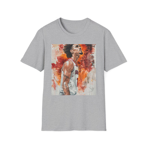 Charcoal cotton t-shirt featuring vibrant watercolor portrait with crew neck fit